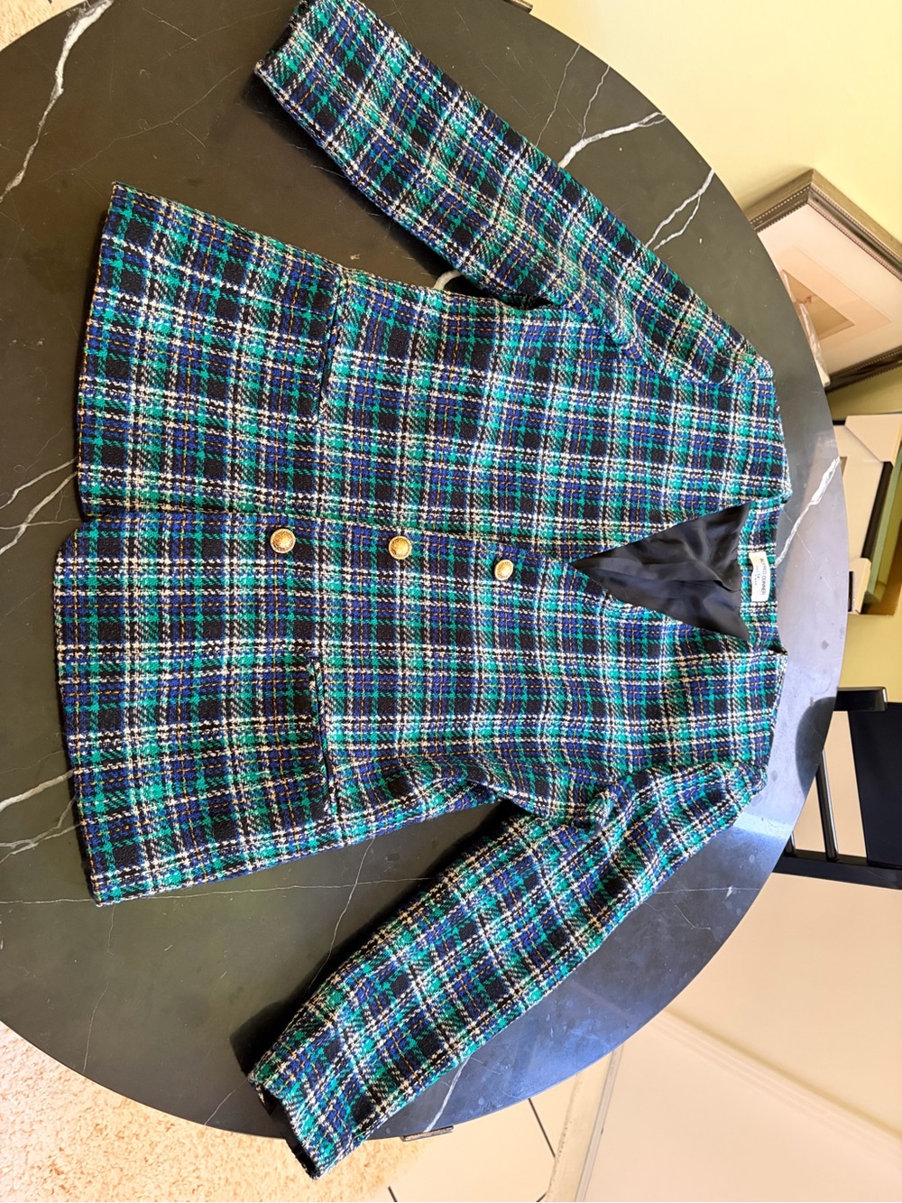 Alfred Dunner Stunning Teal and Navy Plaid Tweed Blazer Jacket